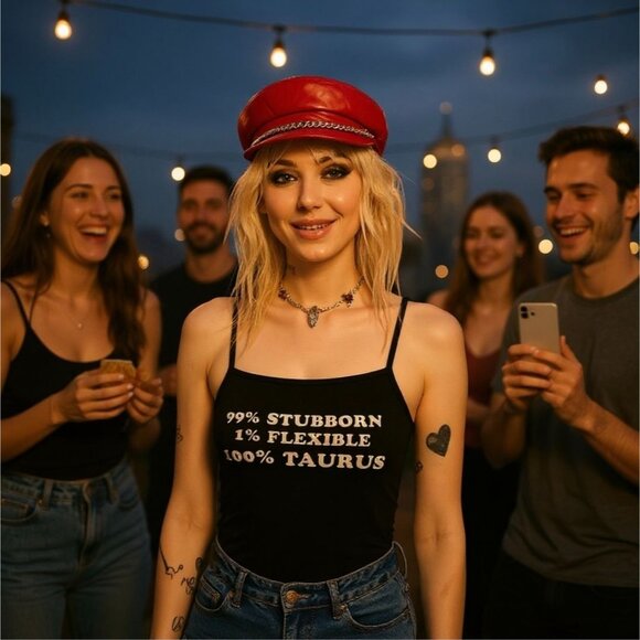 Taurus Secret Sauce Crop Tank W/ Lettuce Hem & Tie Straps – Horoscopez NWT M - Picture 3 of 4